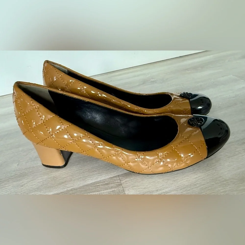 Tory Burch Quilted Patent Leather Cap Toe Block Heel Pumps Tan Black Women 8.5